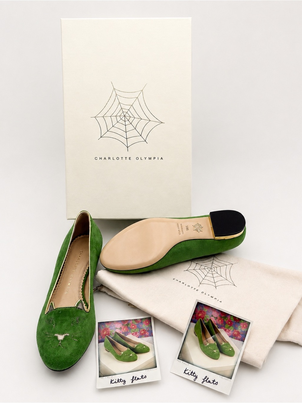 Charlotte Olympia Flats Women 36.5/6.5Green Suede Leather Cat Kitty New With Box